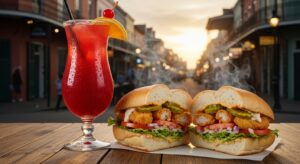 Close-up of authentic New Orleans Po-Boy sandwich with French Quarter background.