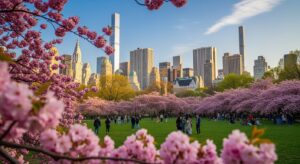 Spring weekend savings in NYC featuring cherry blossoms and the Manhattan skyline