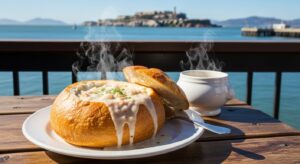 San Francisco dining deals featuring clam chowder in a sourdough bread bowl