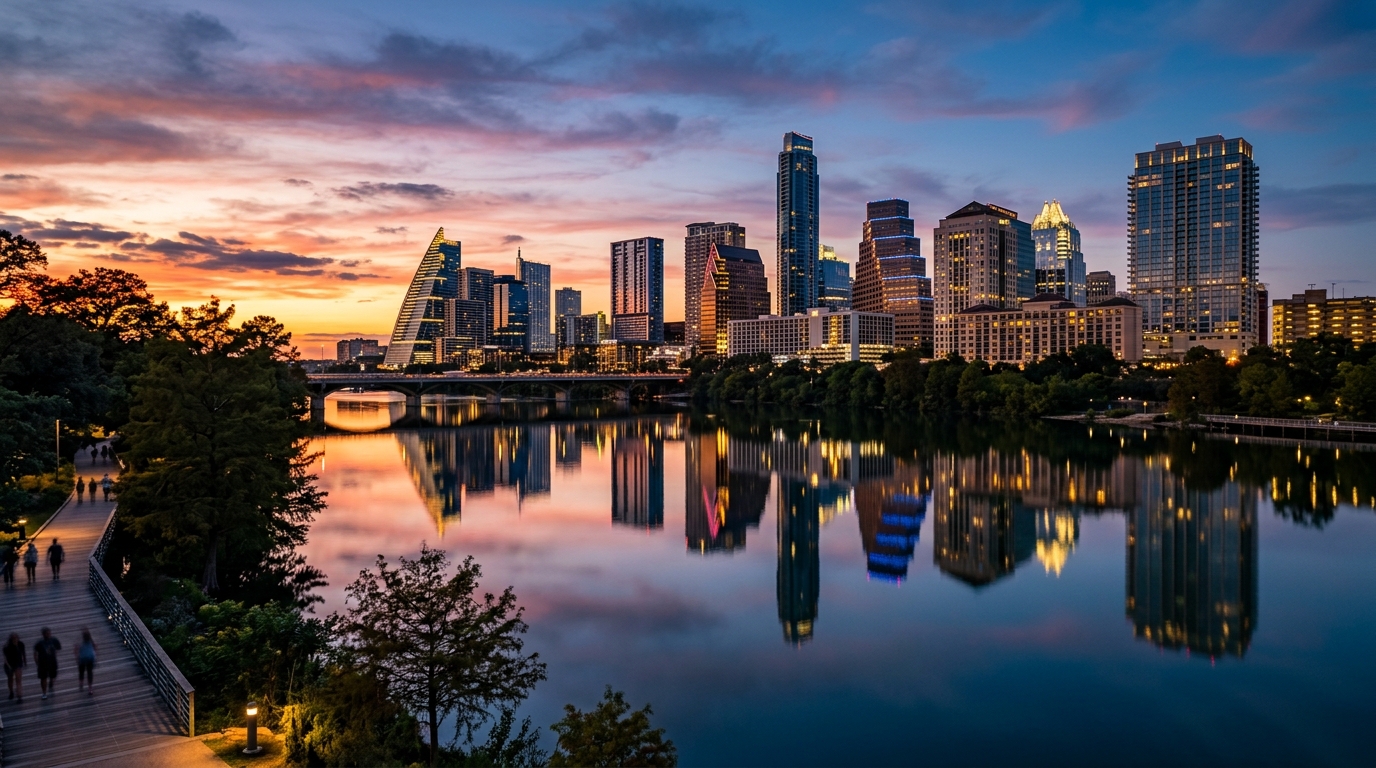 A vibrant sunset over the Austin Texas skyline and Lady Bird Lake.