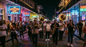 Live jazz band performing on a street corner in New Orleans