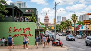 South Congress Avenue street scene with murals in Austin Texas.