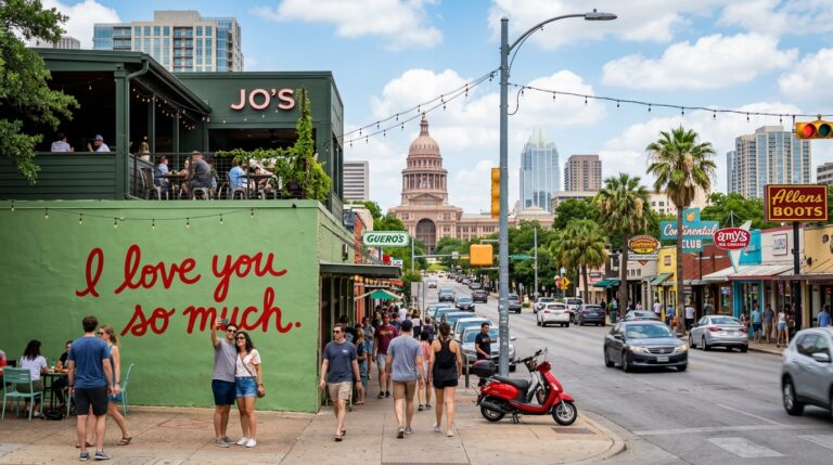 South Congress Avenue street scene with murals in Austin Texas.