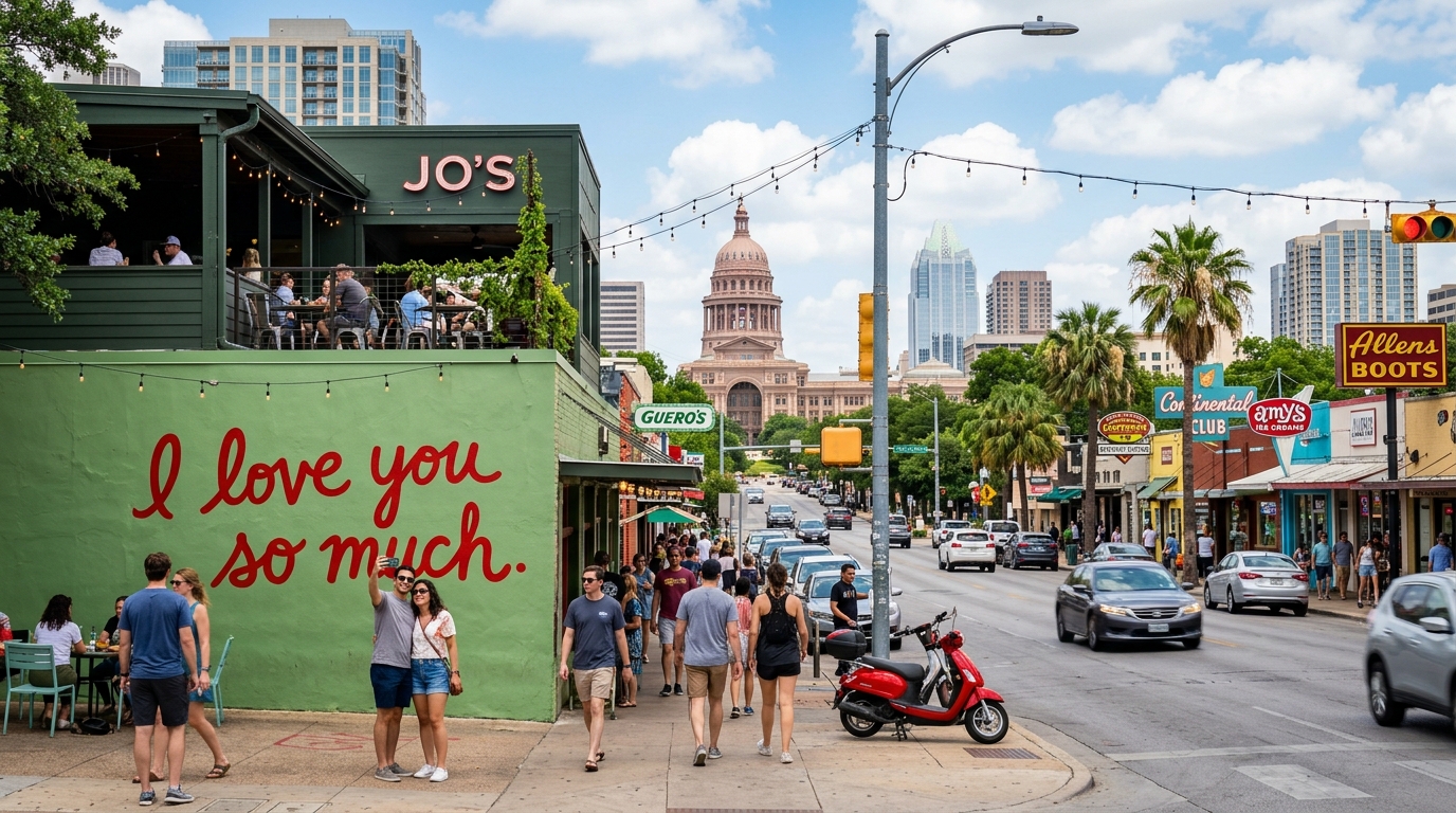 South Congress Avenue street scene with murals in Austin Texas.